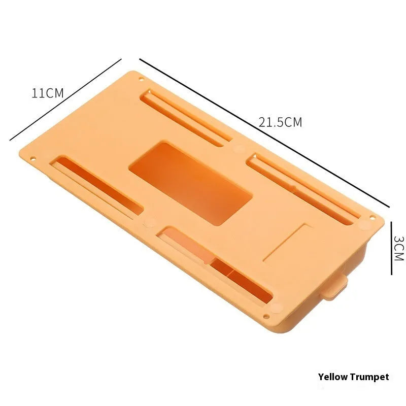 White plastic adhesive under-table storage drawer with covered lid and internal grid compartments