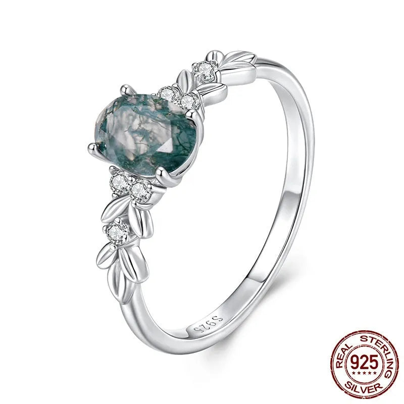 S925 sterling silver ring with natural seaweed agate centre, retro court style, geometry shape, available in size No 6, No 7, No 8