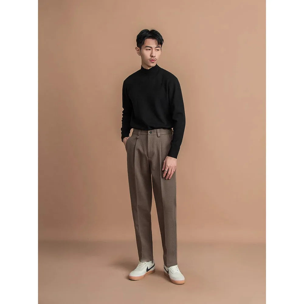 Men's straight leg trousers in polyester fabric available in four colours for winter business casual wear