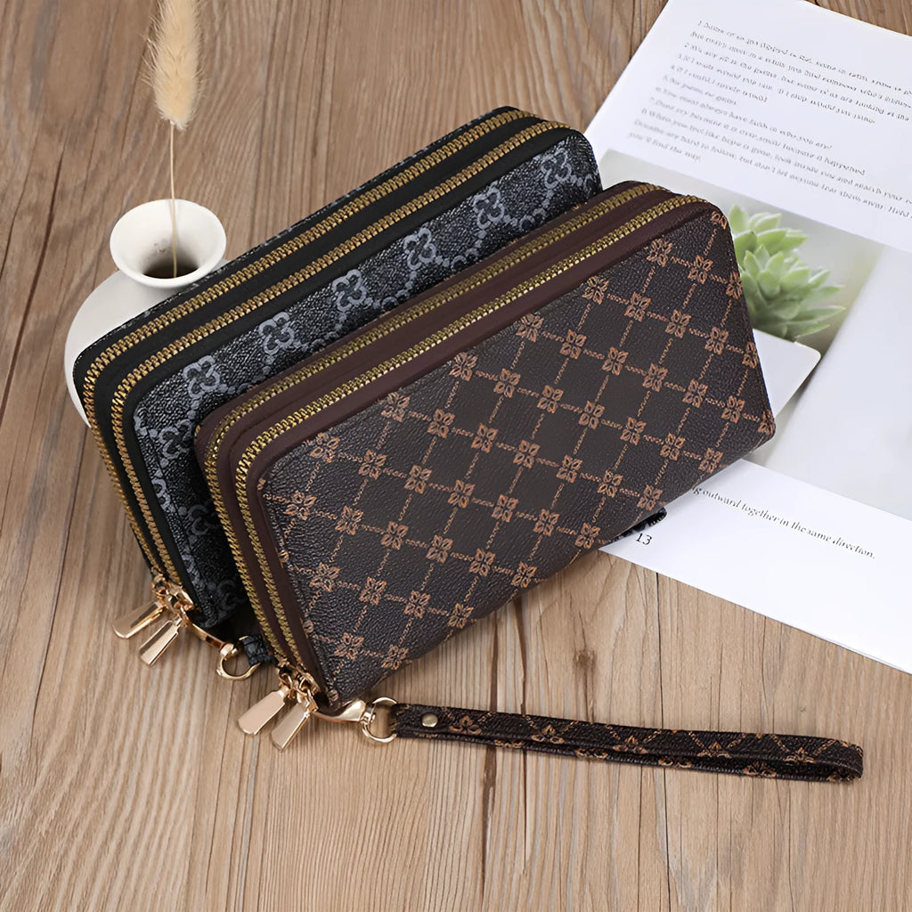Long black PU leather wallet clutch with print detail showing mobile phone compartment and coin purse