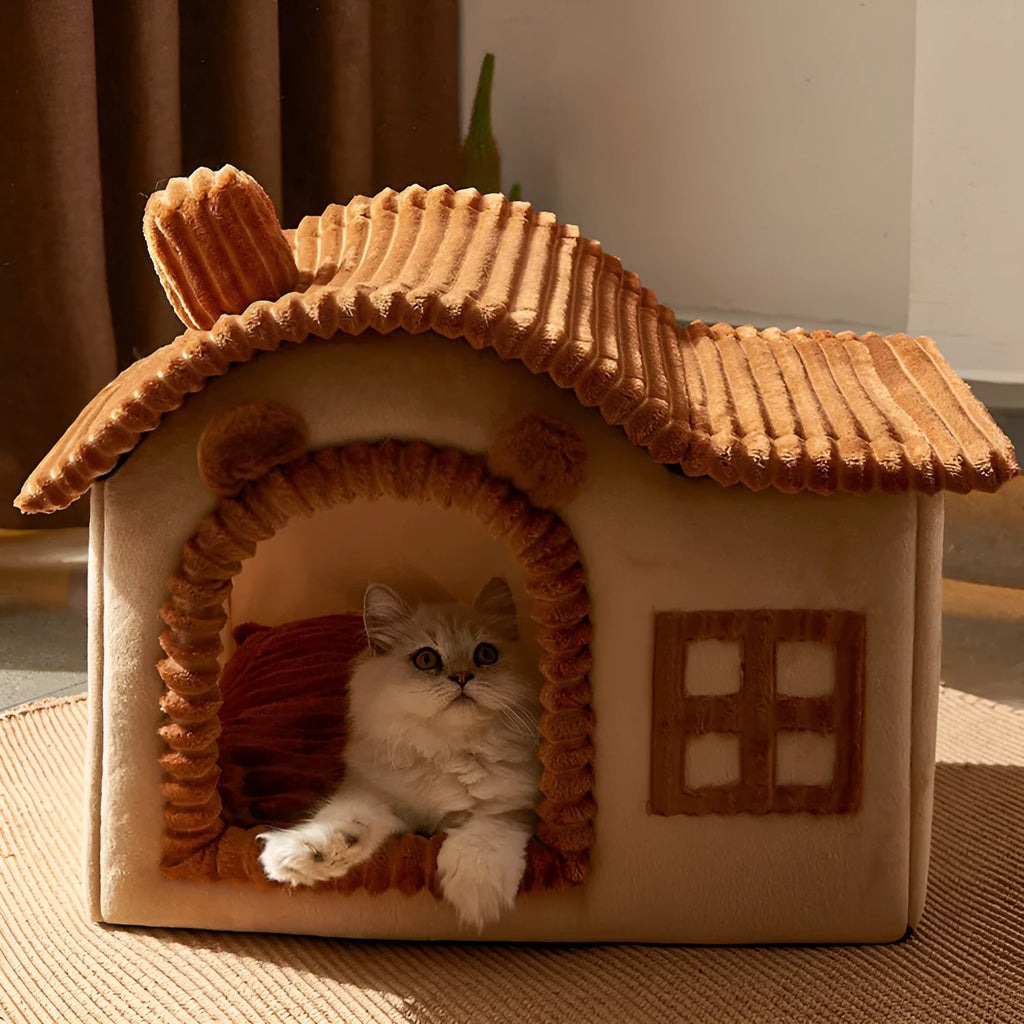 Enclosed PP cotton cat litter box in grey, styled as a warm villa, with open front entry