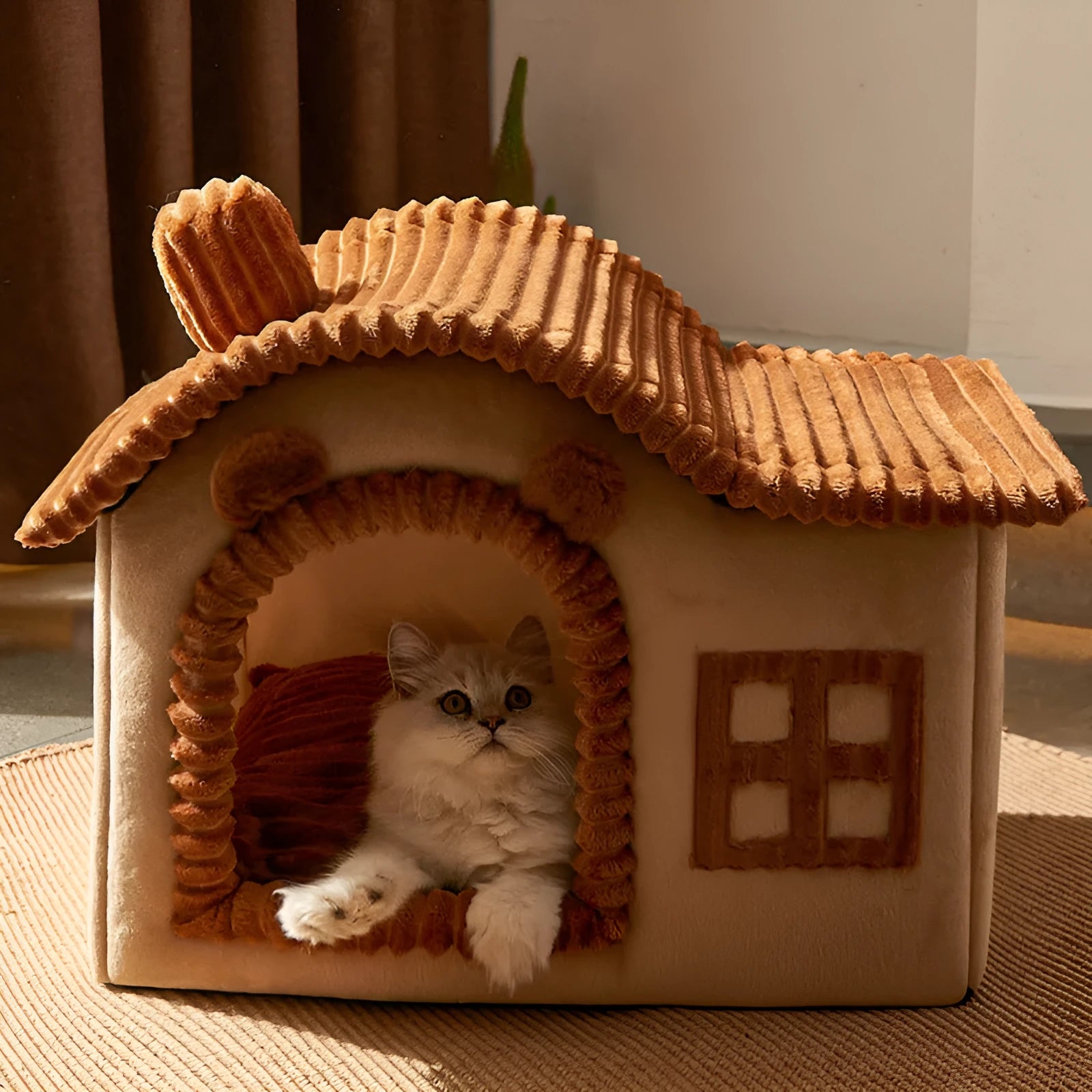Enclosed PP cotton cat litter box in grey, styled as a warm villa, with open front entry