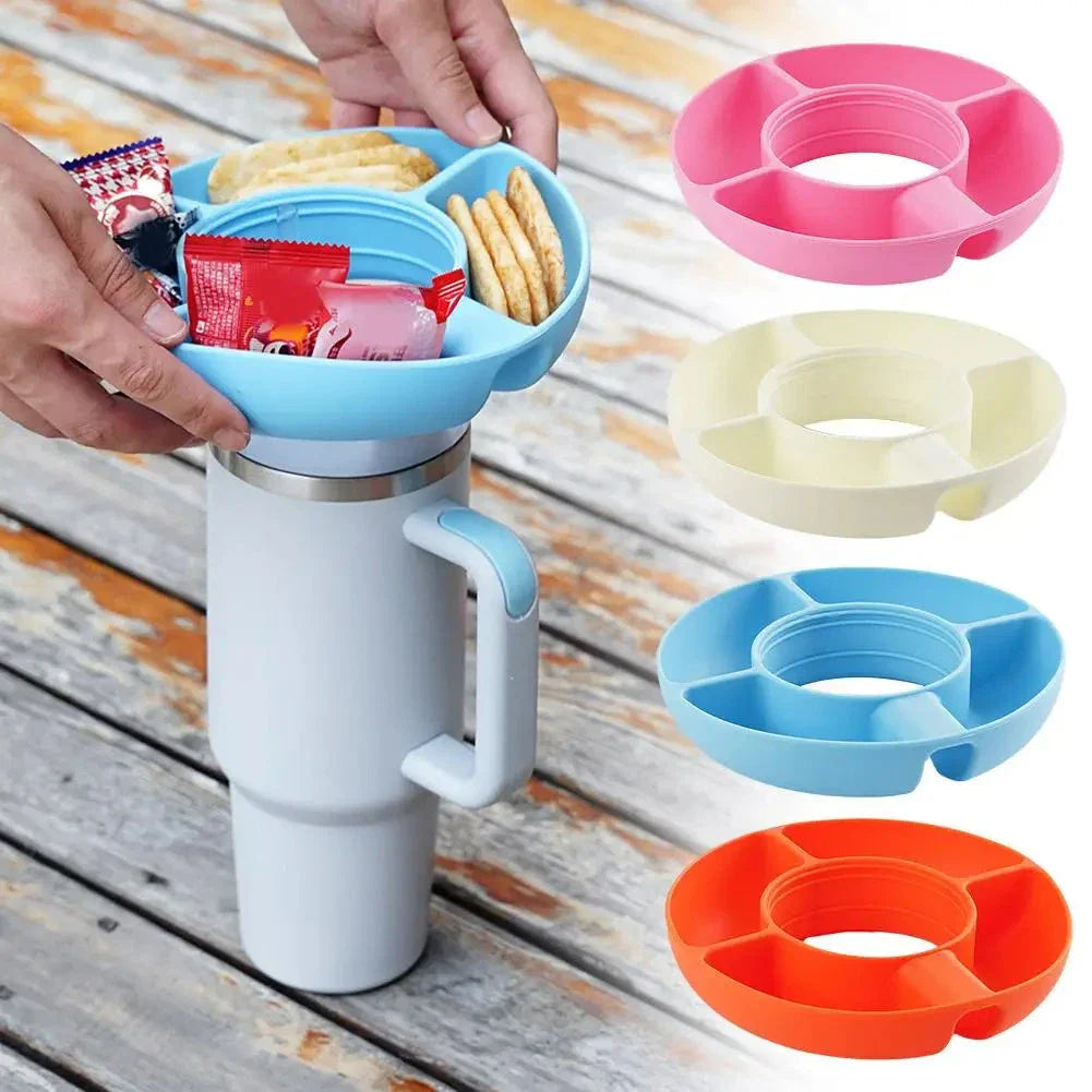 Reusable silicone snack container with four compartments, designed to fit 40oz Stanley tumblers, available in various colors