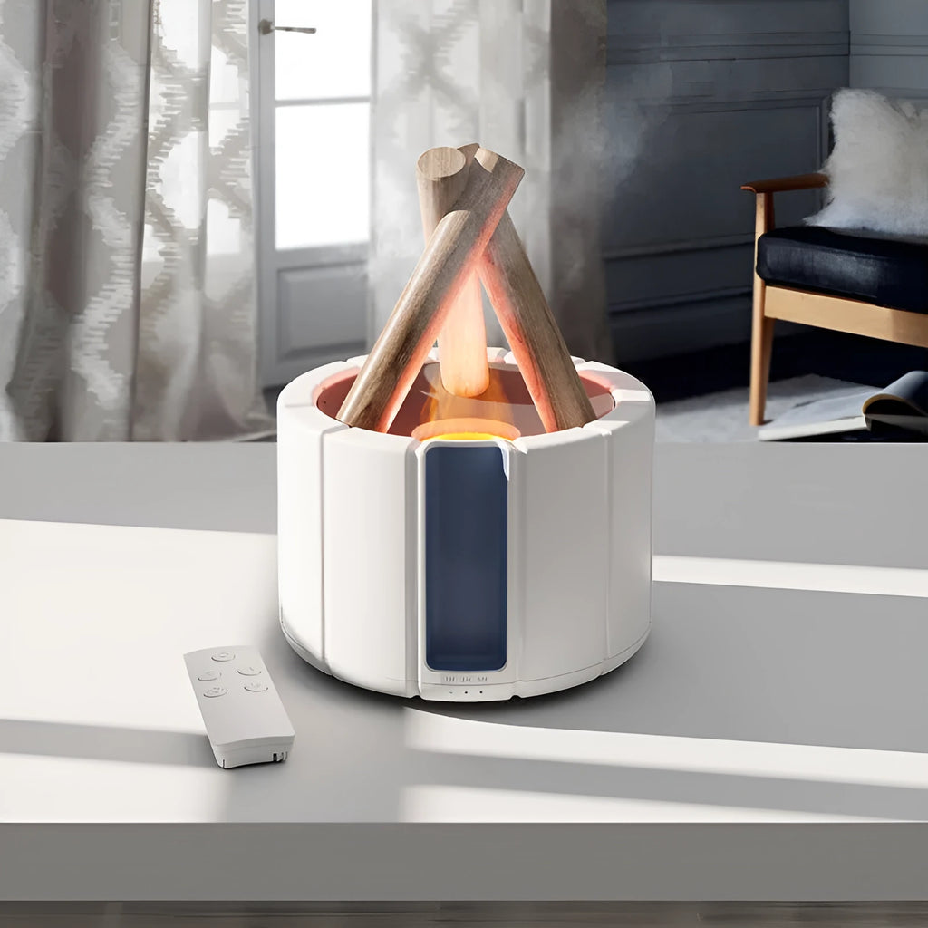White simulated flame aromatherapy humidifier on desk with mist and soft glow