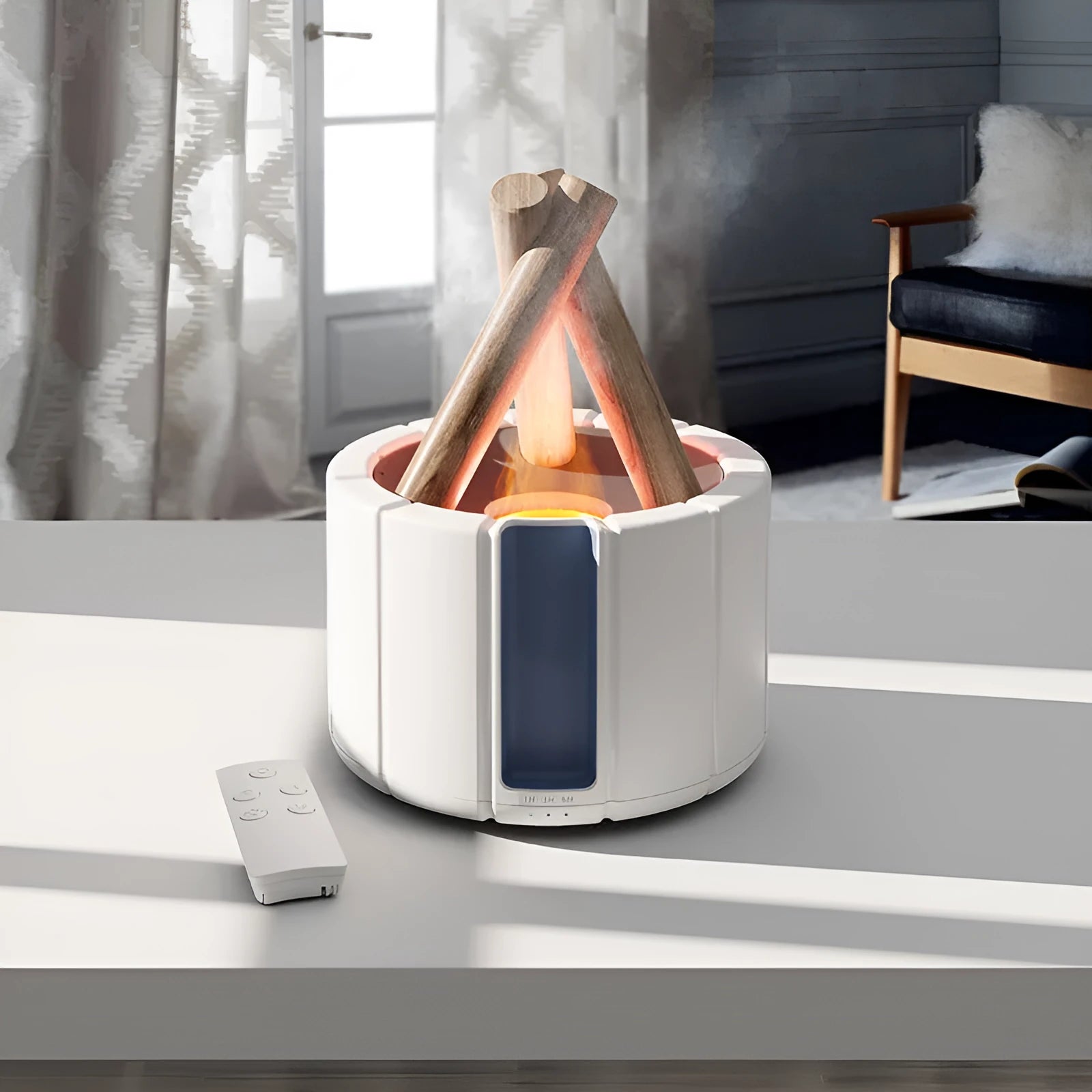 White simulated flame aromatherapy humidifier on desk with mist and soft glow