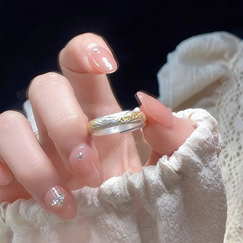 White copper open mouth ring with Xiangyun pattern in electroplated silver gold finish