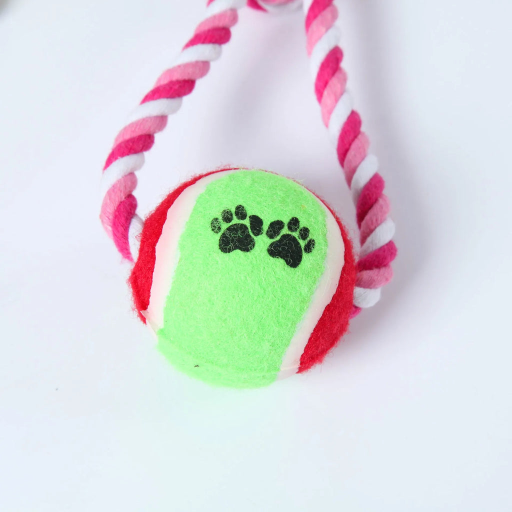 Red, white and blue woven cotton string dog toy measuring 38cm in length