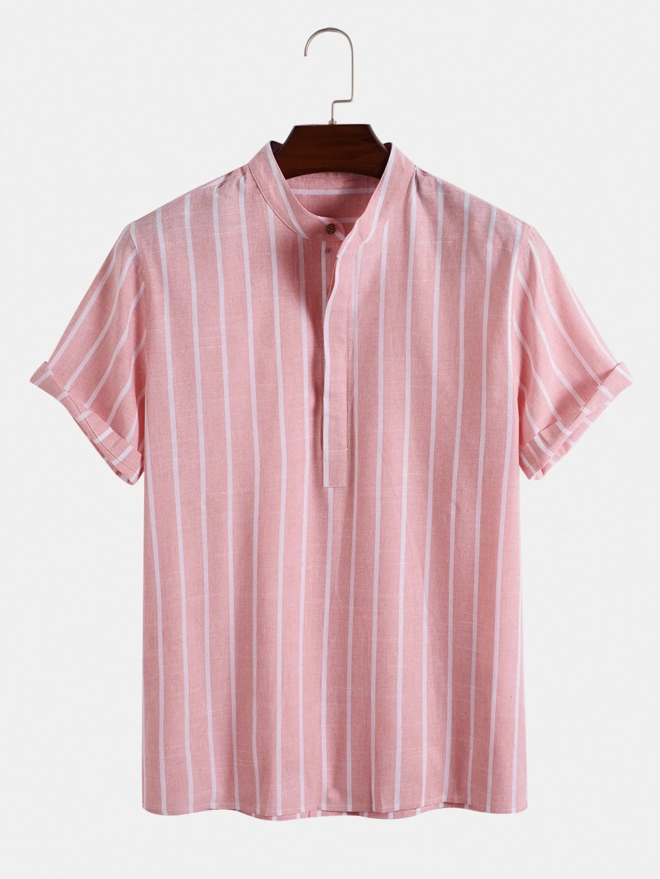 Men's striped casual short sleeve shirt in 100% cotton, available in white, red, gray, and blue.