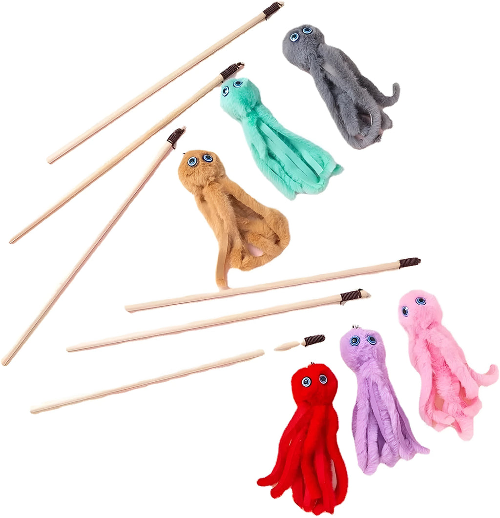 Furry octopus cat toy with eyes on a 40cm flexible stick in grey, pink, purple or red colours