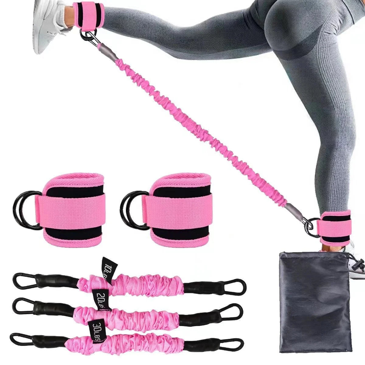 Ankle strap resistance bands in various colours for hip and leg strength training
