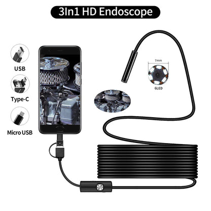 3-in-1 USB endoscope camera with adjustable LED lights, waterproof design, and high-resolution 1200P CMOS sensor