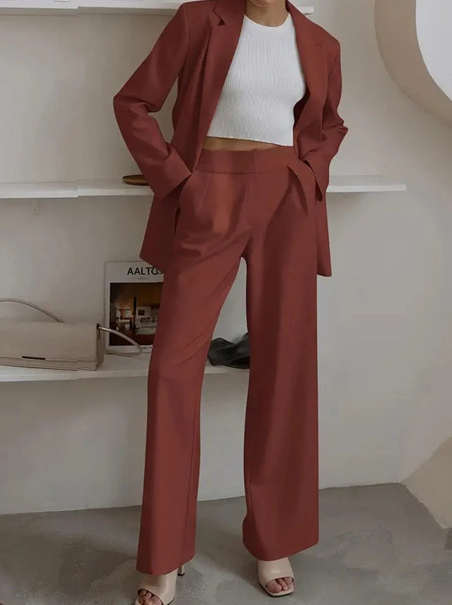 Women's casual solid colour coat trousers suit in polyester, available in multiple colours and sizes