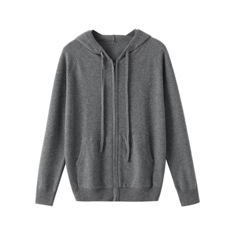Men's solid colour hooded cashmere cardigan with full-length zip in regular fit