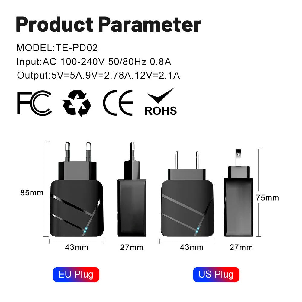 40W PD QC30 fast charger white EU plug with USB port
