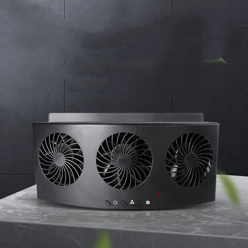 Black and white USB car ventilation fan for exhaust odour reduction, approx. 23cm long.