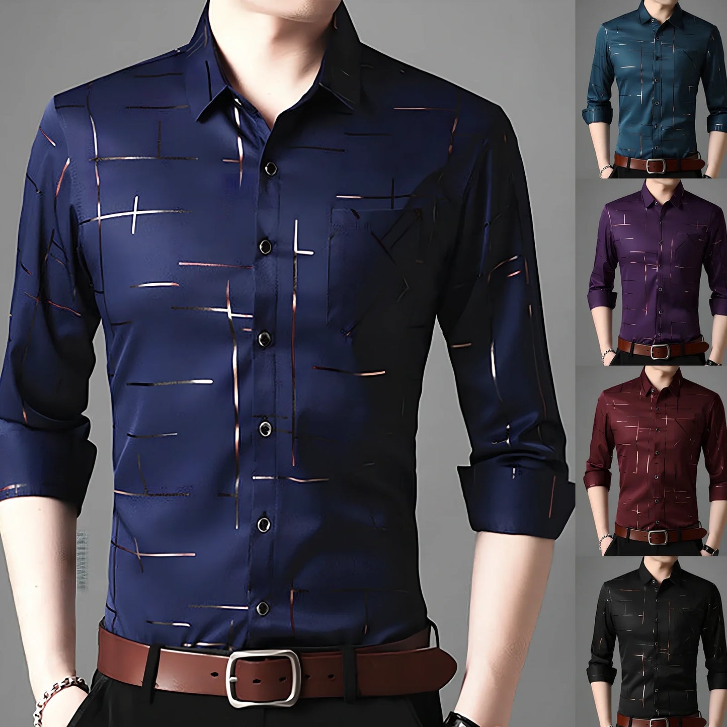 Slim fit men's long-sleeved lapel shirt dress in black with gold stripes, bust 100 cm size M