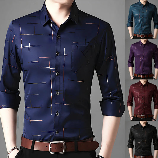 Slim fit men's long-sleeved lapel shirt dress in black with gold stripes, bust 100 cm size M