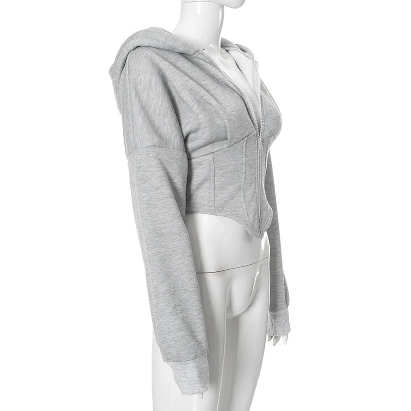Y2K inspired women's zipper hoodie cardigan in grey and white with long sleeves