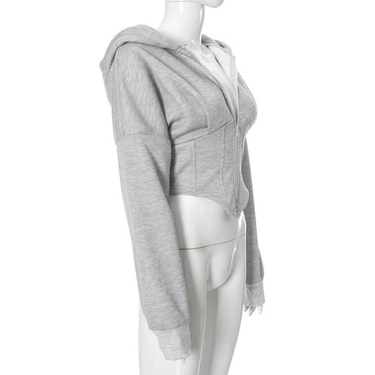 Y2K inspired women's zipper hoodie cardigan in grey and white with long sleeves