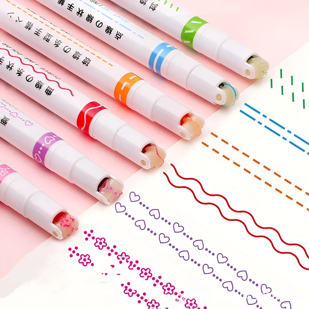 Set of 6 creative curve pens with plastic case in box packaging showing line patterns