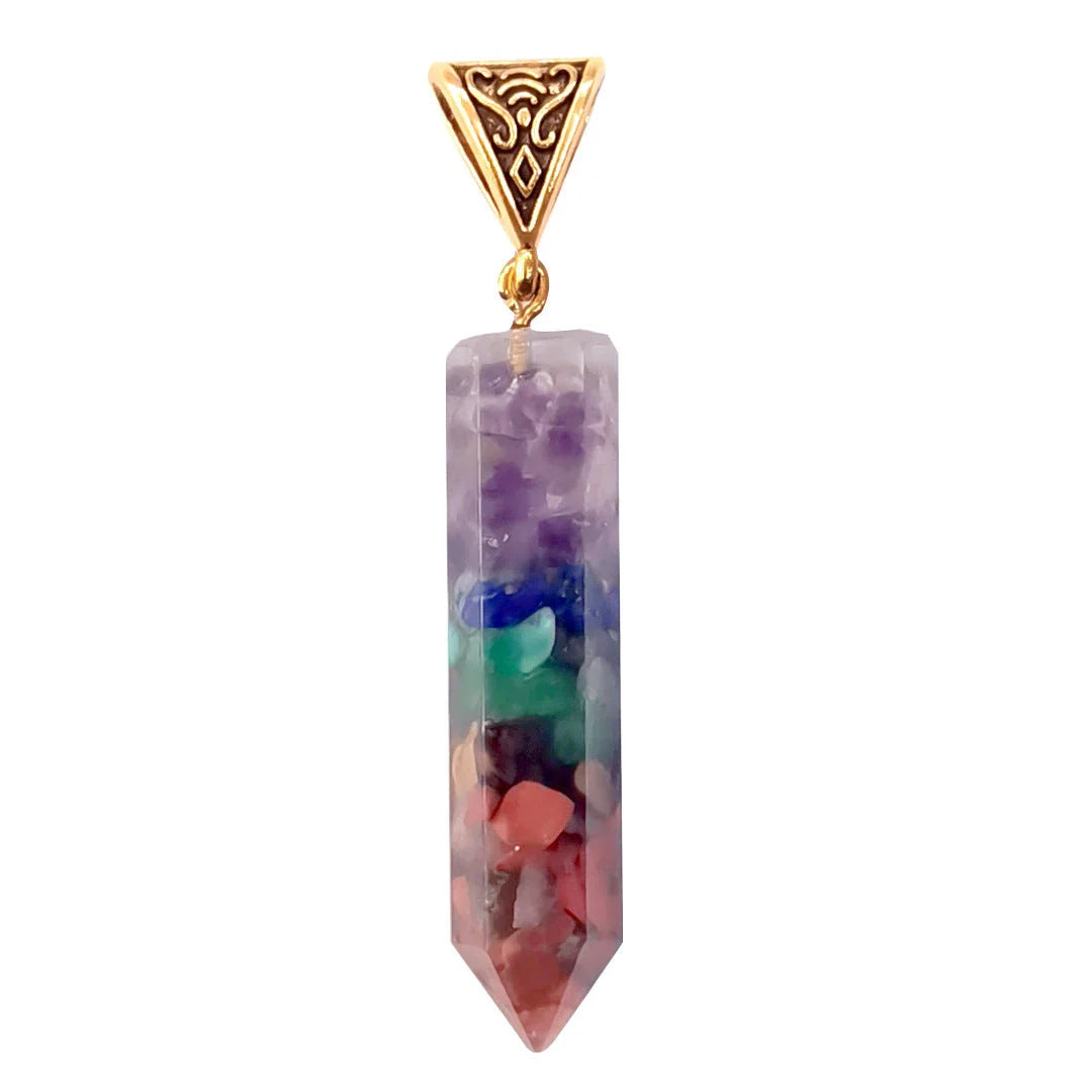 Seven chakra natural crushed stone hexagon column necklace with aura pendant in gold color