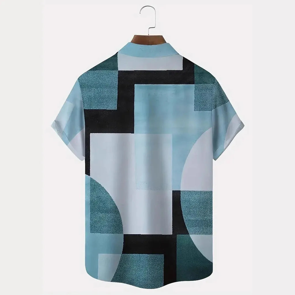 Men's retro geometric contrast colour square 3D printed short sleeve cardigan shirt