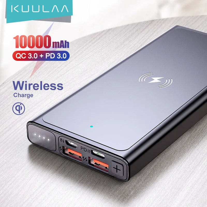 Black and blue alloy shell 10000mAh power bank with wireless charging function.
