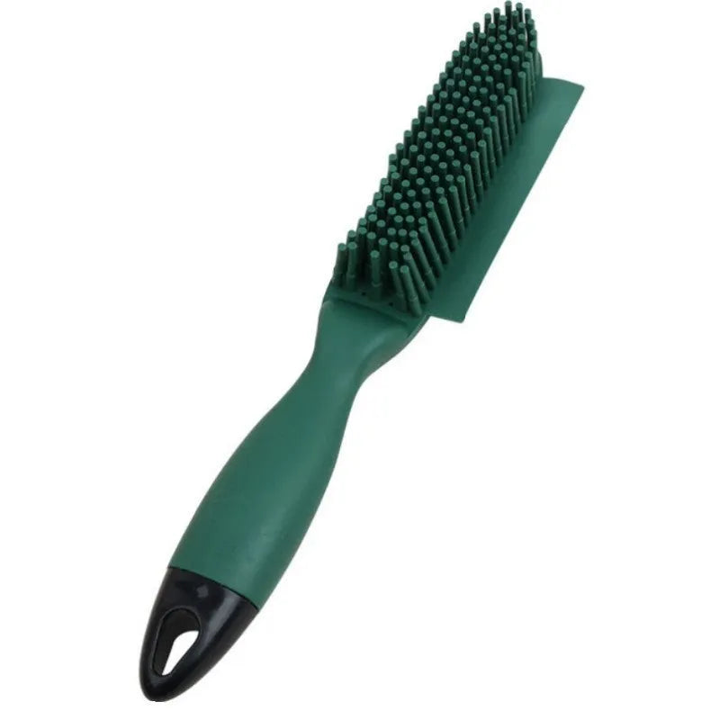 Green dog brush with grooming comb, massage pins, and removable sticky roller for pet hair removal