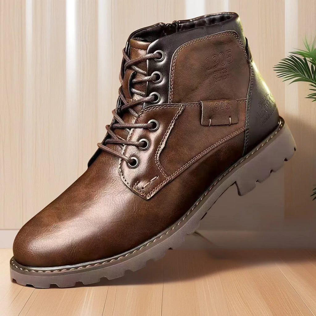 Men's brown and black side-zip ankle boots with round toe and rubber sole