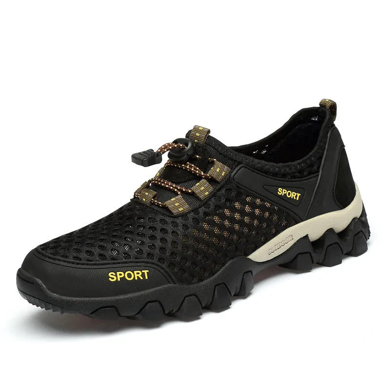 Breathable mesh hiking shoes for men youth, low top outdoor sneakers with rubber sole in black colour