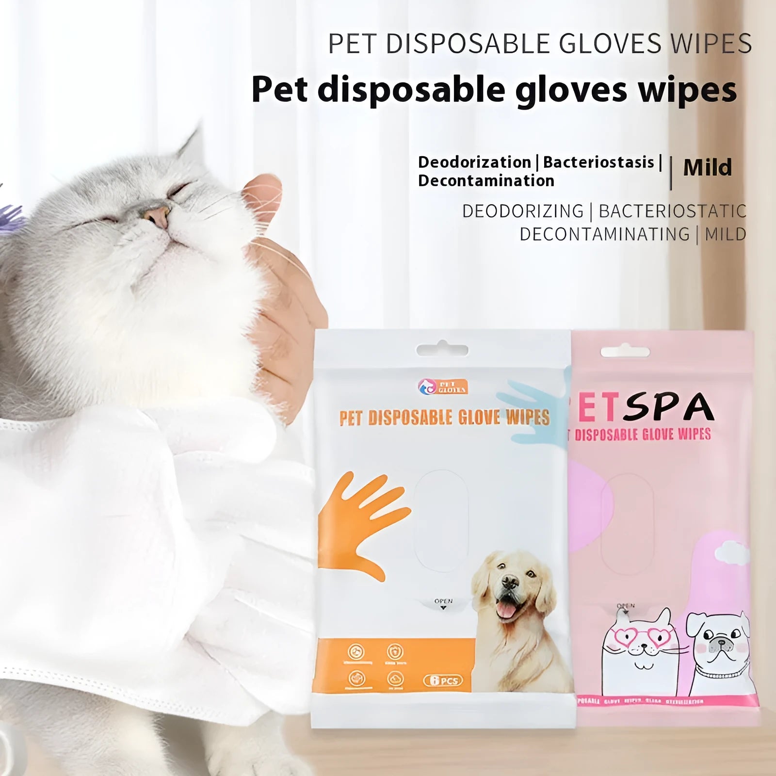 Pack of six pet wipes gloves for dogs, non-woven fabric, pink UK bag, wash-free deodorising dry cleaning