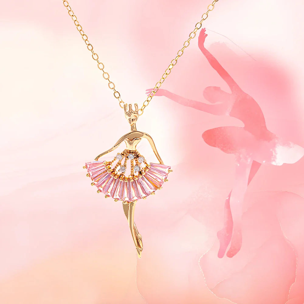 Gold titanium steel ballet girl necklace with rhinestone inlays on 40cm chain, adjustable to 45cm for women