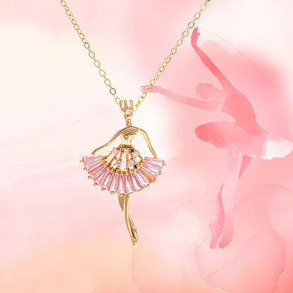 Gold titanium steel ballet girl necklace with rhinestone inlays on 40cm chain, adjustable to 45cm for women