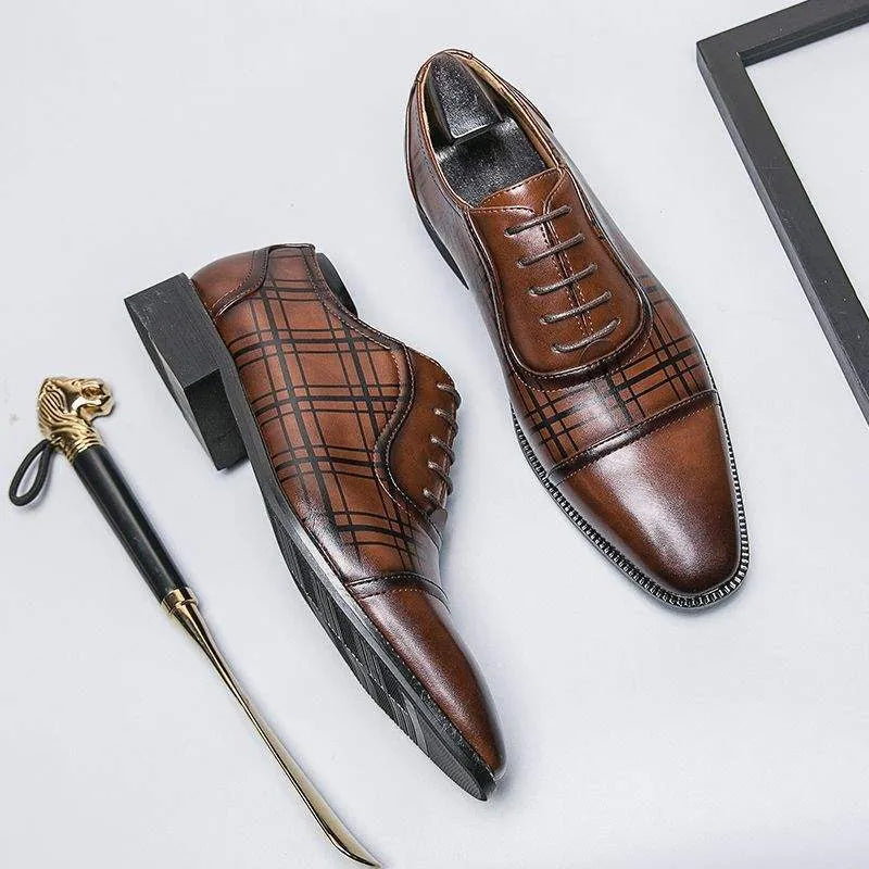 Square toe men's breathable woven PU leather business shoes in dark brown on a neutral background