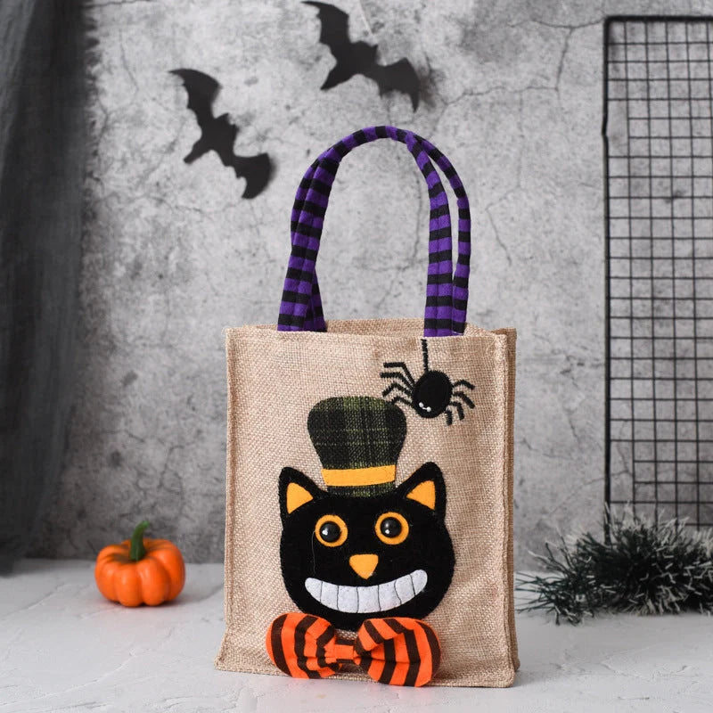 Halloween candy tote bag for kids featuring fun witch, skull, pumpkin, and black cat designs