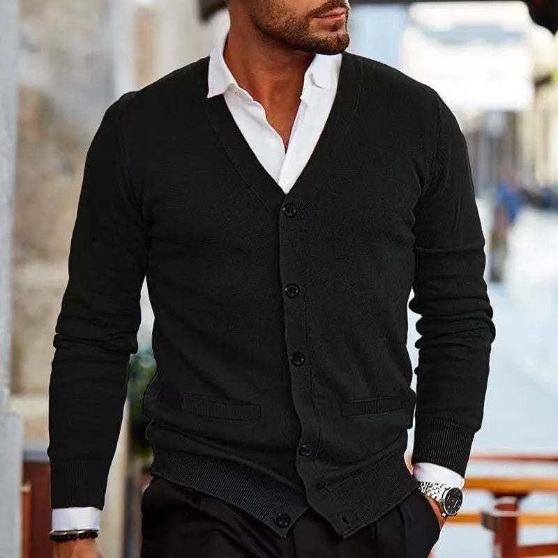 Men's slim fit acrylic cardigan sweater coat in dark gray, showing front button detail and long sleeves.