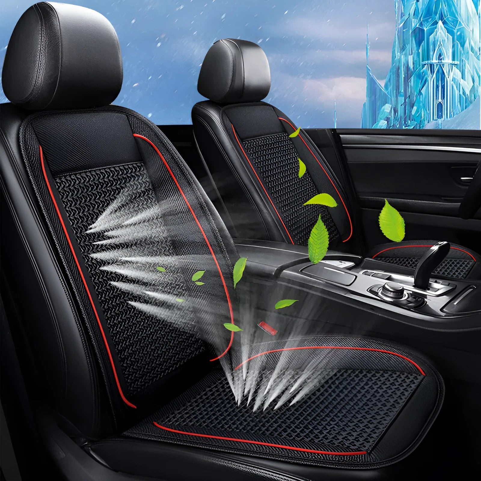 Car ventilation seat cushion with massage function measuring 60cm x 60cm in black colour
