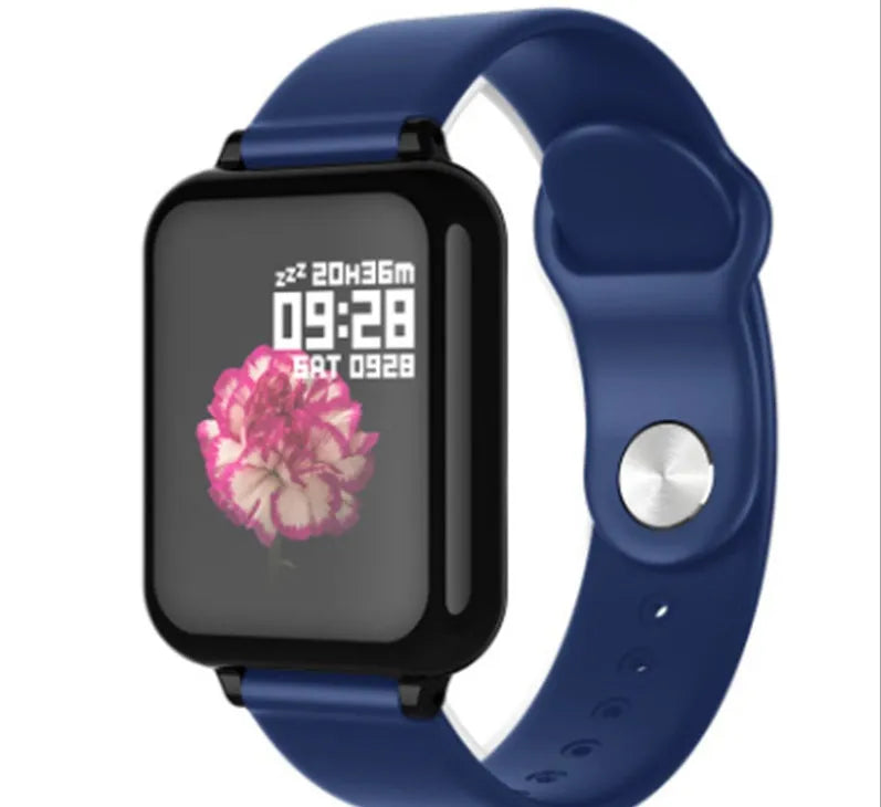 B57 colour screen smart sports watch compatible with Apple iPhone, showing heart rate display on 1.3 inch IPS screen, black strap