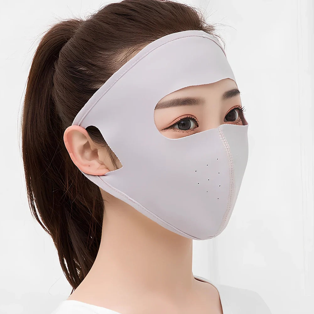 Breathable ice silk full face sun mask for women in navy blue, regular size, protecting eyes and skin from UV rays