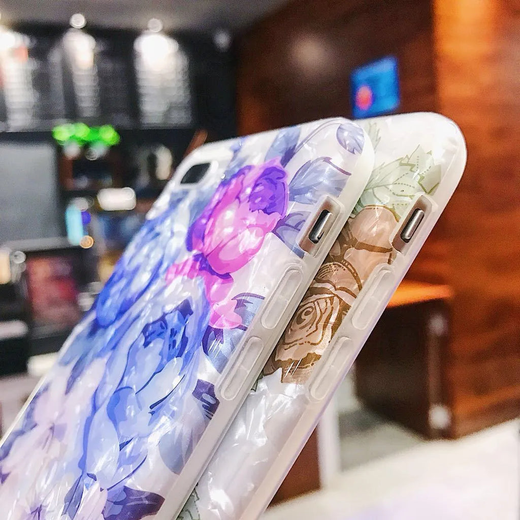 Dream Shell phone case with rose flower design for iPhone X XS XR 7 8 6 models in soft TPU silicone material