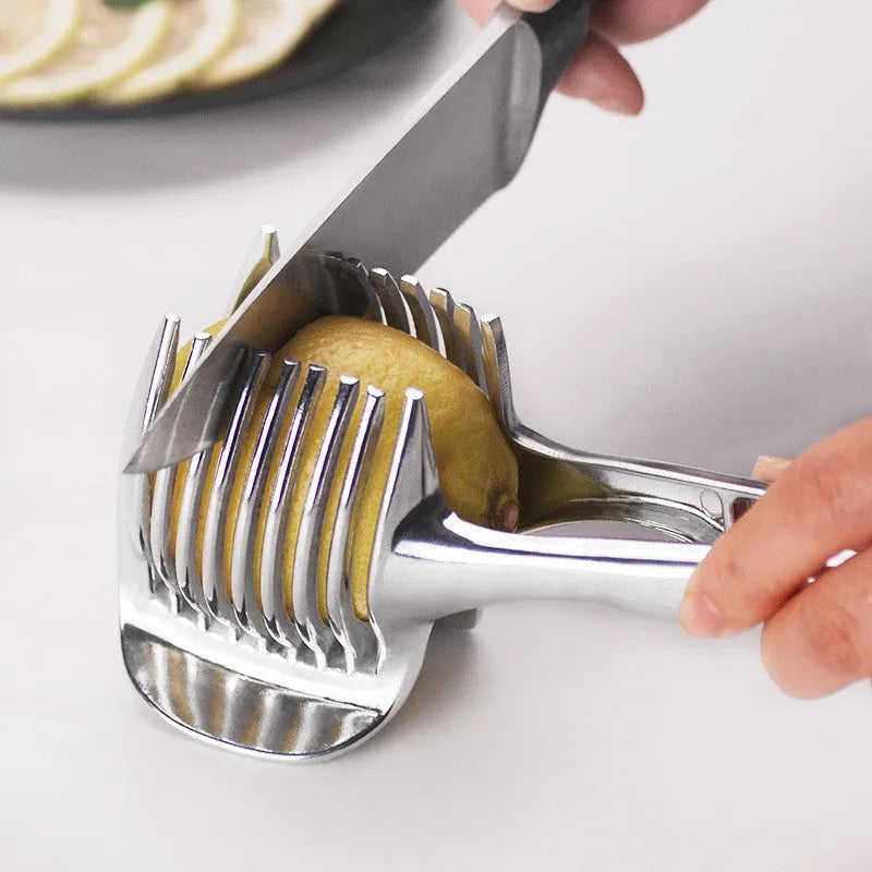 Silver foldable lemon slicer kitchen tool with stainless steel cutting blades