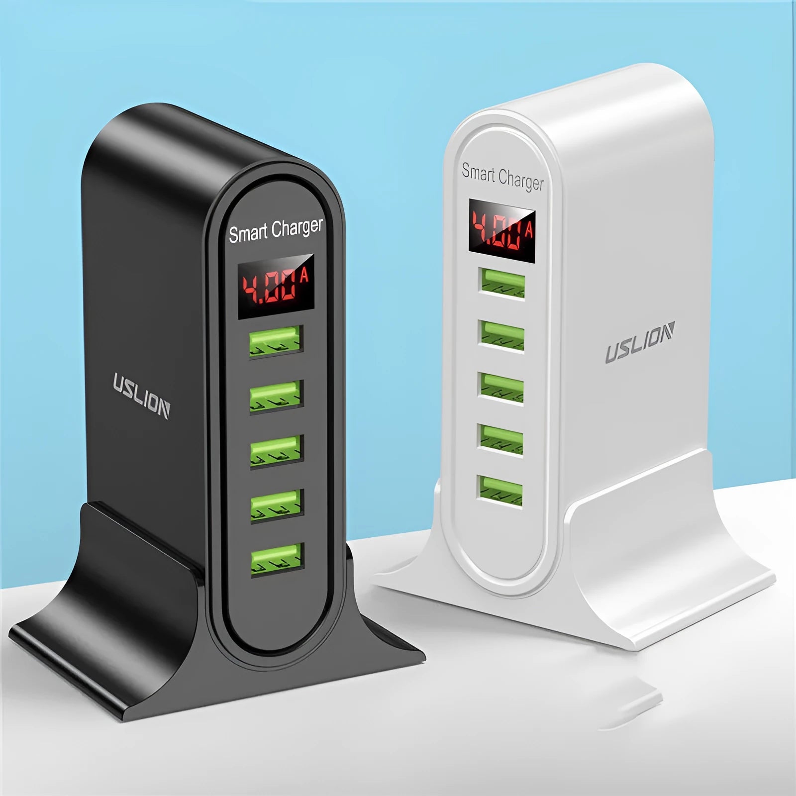 Smart LED digital display travel charger showing 240V input and 5V output with USB interface