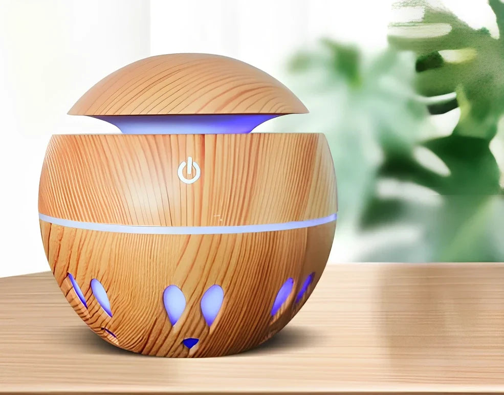Wood grain USB desktop aroma diffuser with coloured lights and 130ml water tank for office use