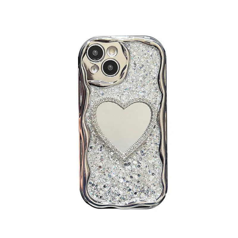Silver gray TPU phone case with heart-shaped mirror insert for iPhone, high-flash epoxy finish