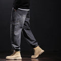 Fallwinter loose harem jeans for men mid-high waist cotton blend stone washed denim