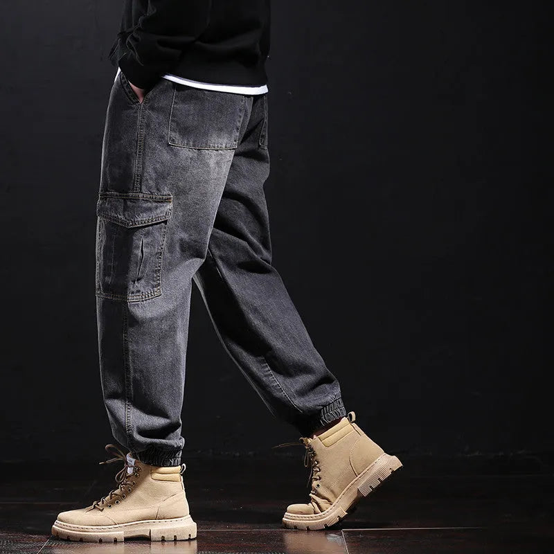 Fallwinter loose harem jeans for men mid-high waist cotton blend stone washed denim