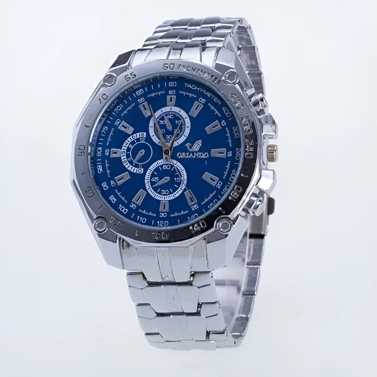 Men's stainless steel sport watch with 4cm dial and pointer display on a casual background