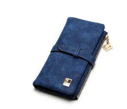 Long matte PU leather wallet for women in vintage colours with zip closure and card slots