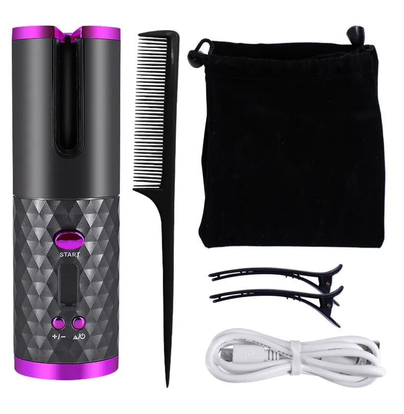 Cordless automatic hair curling iron with LCD display in pink, black, white, or pink-grey colour.