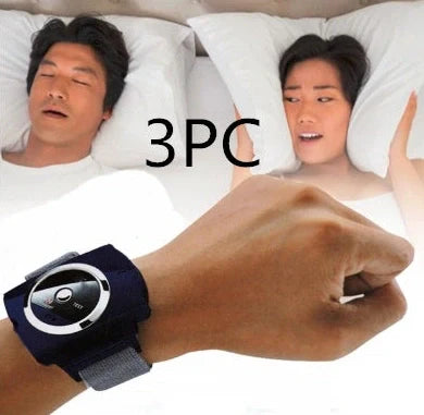 Blue anti-snoring wristband device measuring 55x60x13mm with adjustable 24cm strap for automatic snoring detection